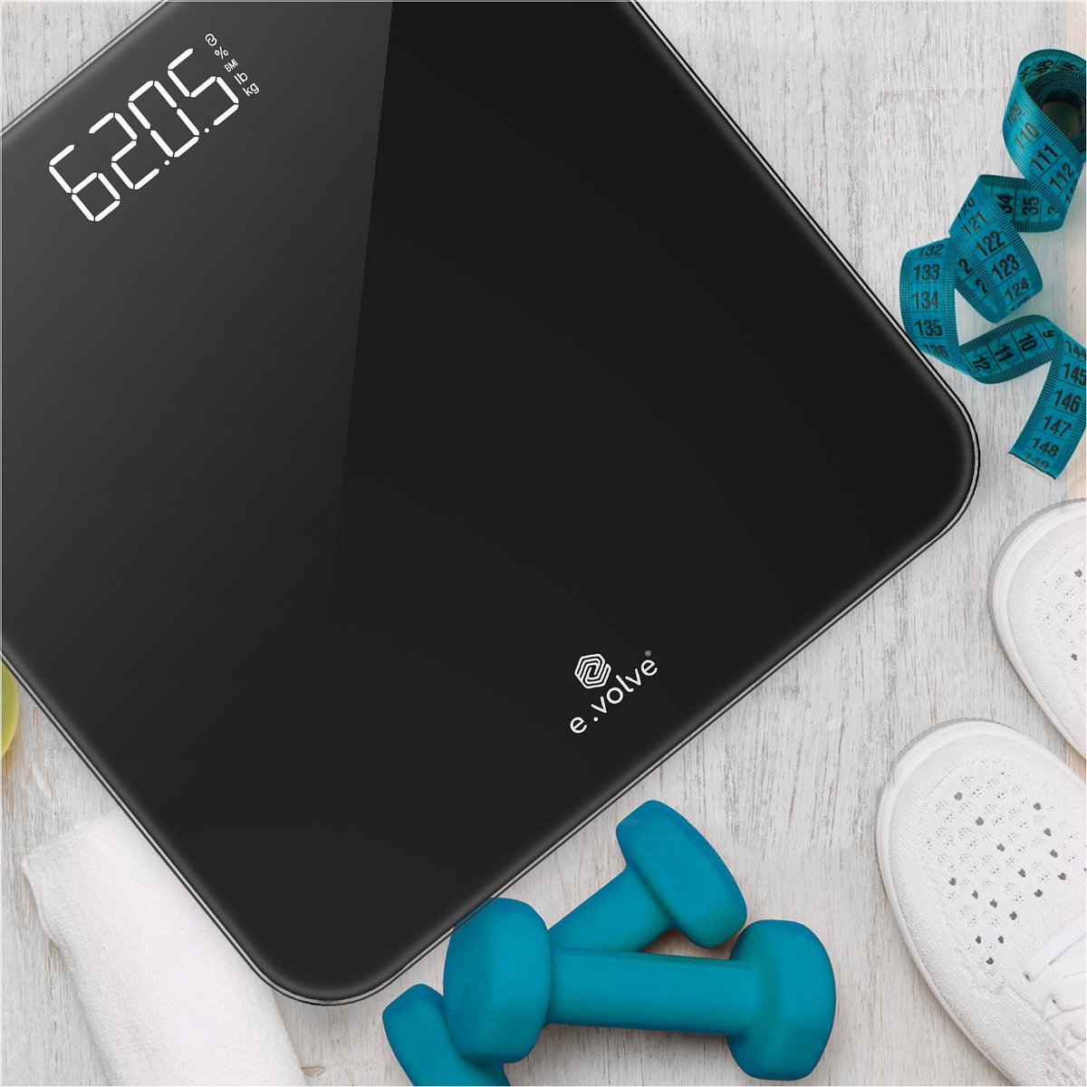 E-volve - Personenweegschaal Digitaal - Inclusief Batterijen - Gehard Glas - LCD Display - Tot 180 kg - Nauwkeurige Meting - Zwart