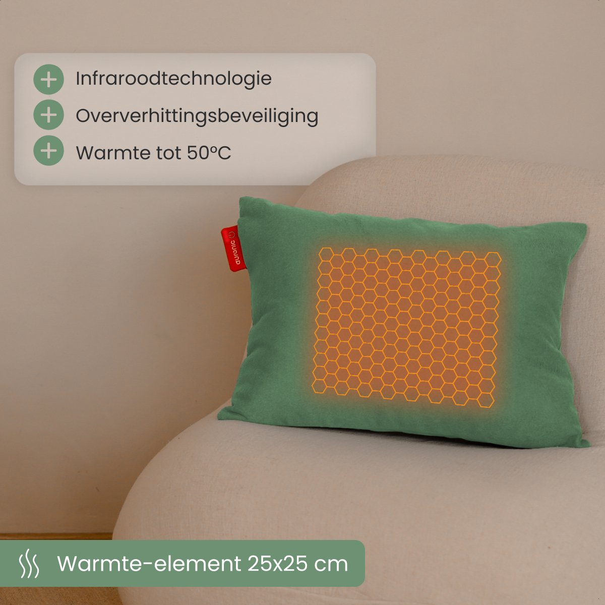 Auronic - Elektrisch Kussen - Classic 45x60 - Infrarood - Warmtekussen - Pastel Groen