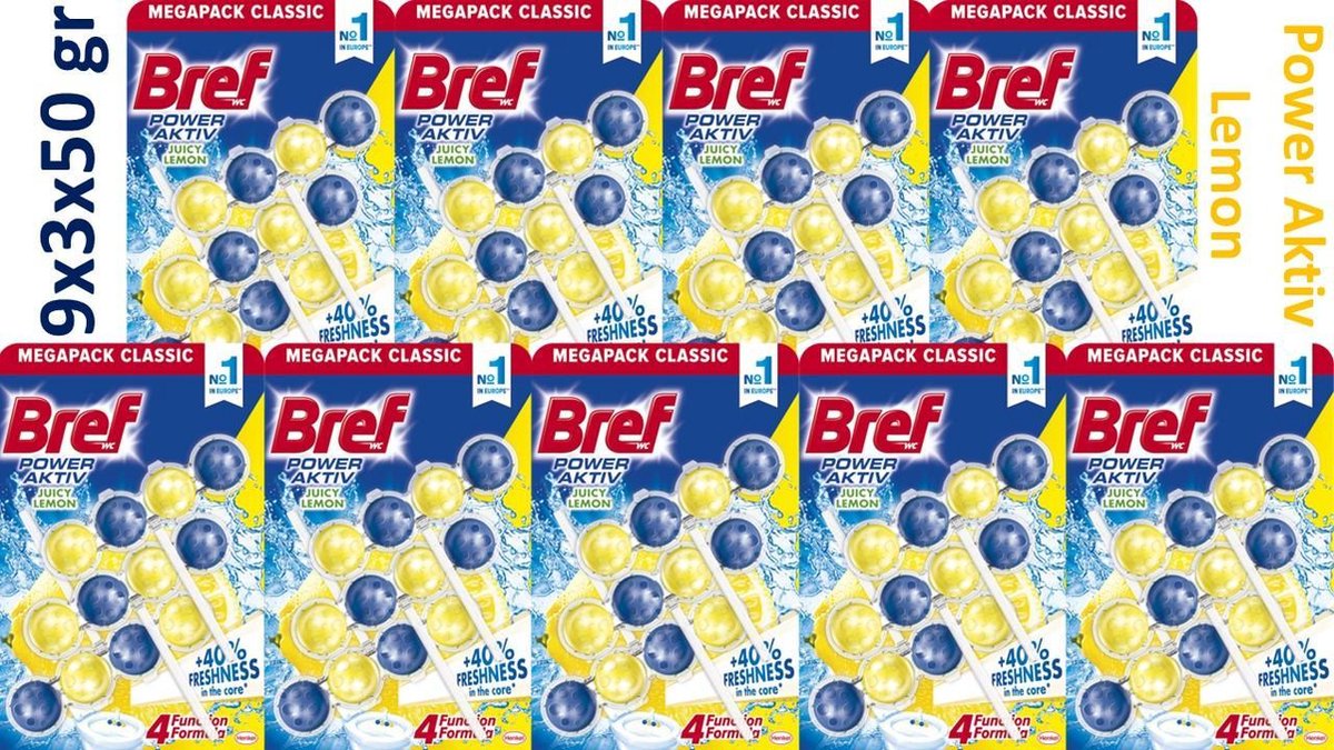 Bref WC Power Active Lemon Toiletblokken – Geel – 9 x 3 x 50g – XXXL Voordeelverpakking – 4-in-1 Actieve Reiniging – Ø 4,5 cm per blokje