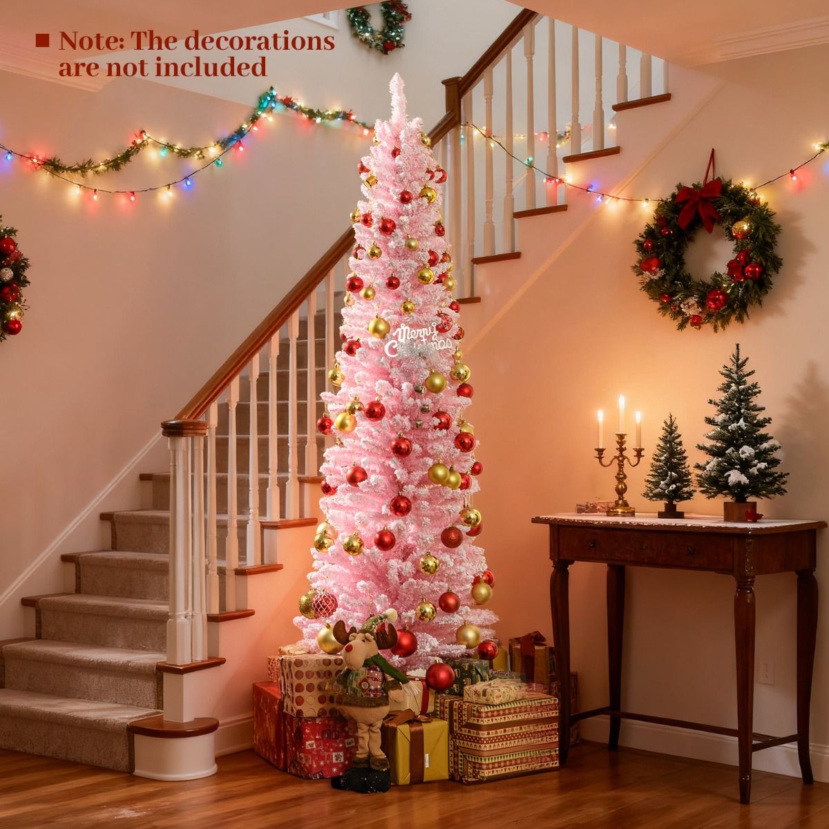 Coast Roze Kunstkerstboom 180 cm – Slanke Potloodvorm – Besneeuwde Takken – Metalen Standaard