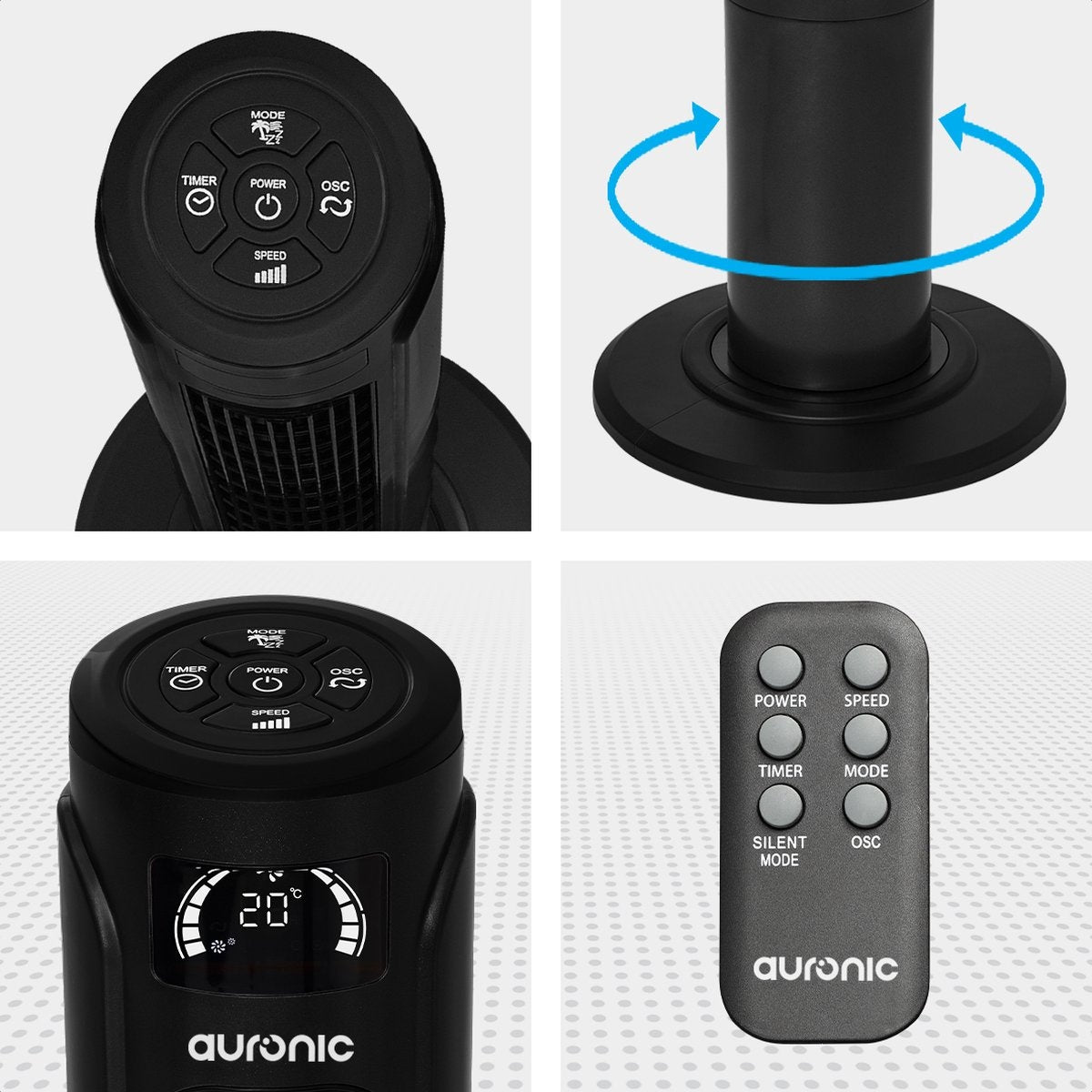 Auronic Torenventilator - Staande Ventilator met Afstandbediening - Timer - 55W - 45dB - 118cm - Zwart