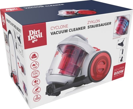 Dirt Devil Stofzuiger zonder Zak DD2503 - HEPA 12 Filter - 3 Opzetstukken - 800W - Grijs/Rood