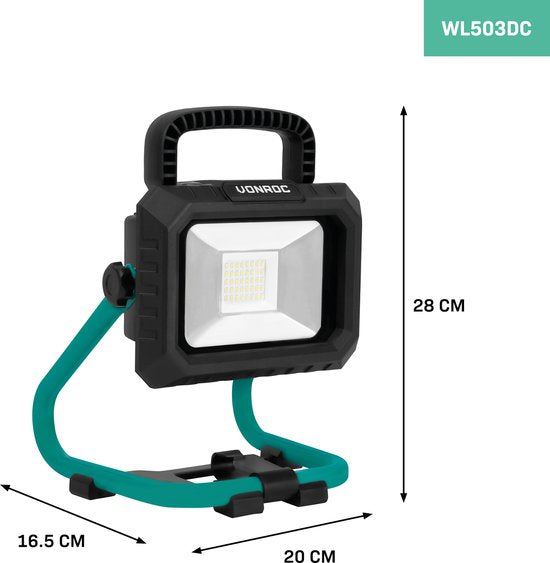 VONROC Accu Bouwlamp 20V - LED - 20W – 2 standen: 900/1800 lumen – kantelbaar – brede stralingshoek - Zonder accu & lader