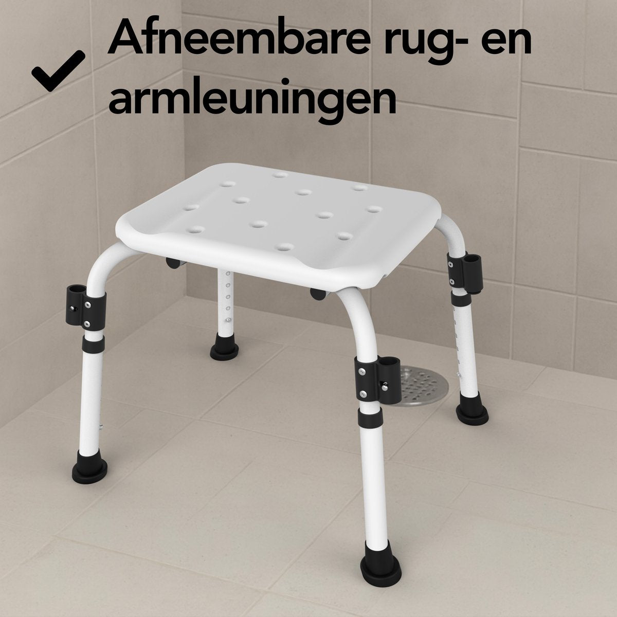 Brixy Douchestoel Wit 72-90 cm - Verstelbare Douchekruk met Afneembare Rug- en Armleuning, Anti-slip en Gevoerde Zitting, Max. 150 kg