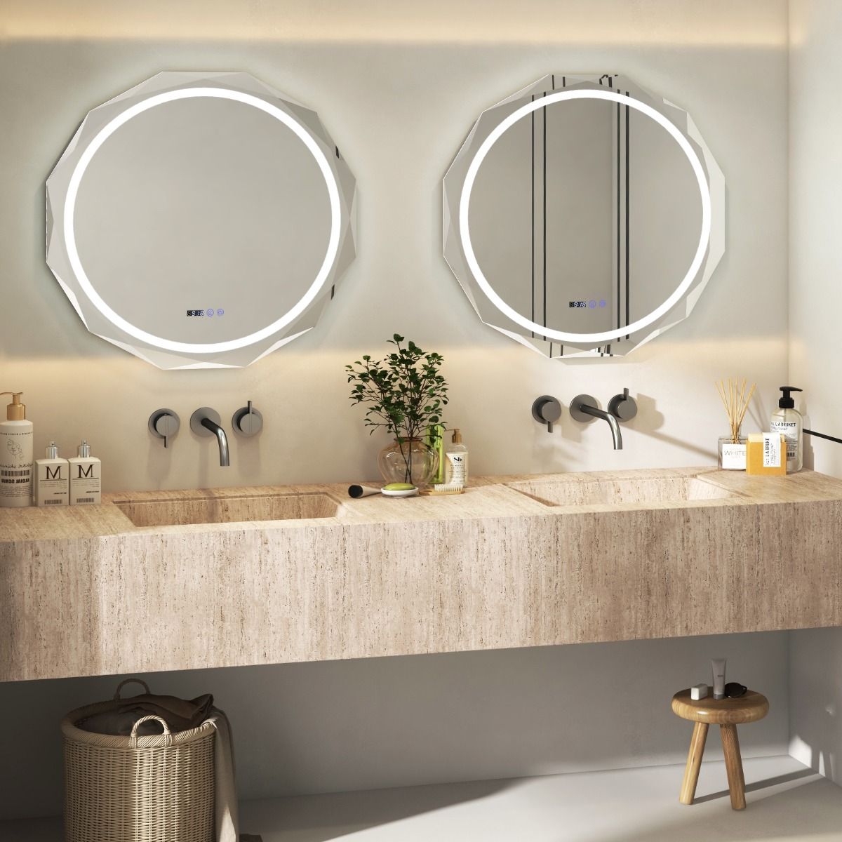 Coast LED-Badkamerspiegel 76x76 cm Zilver/Wit met Anti-Condens, Verlichting, Klok en Temperatuurweergave
