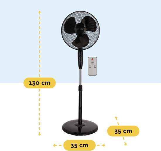 BRASQ Statiefventilator – 40 cm – Zwart – Met Afstandsbediening - Timer - Slaapmodus - In hoogte verstelbaar – Stille Ventilator - 40 Watt