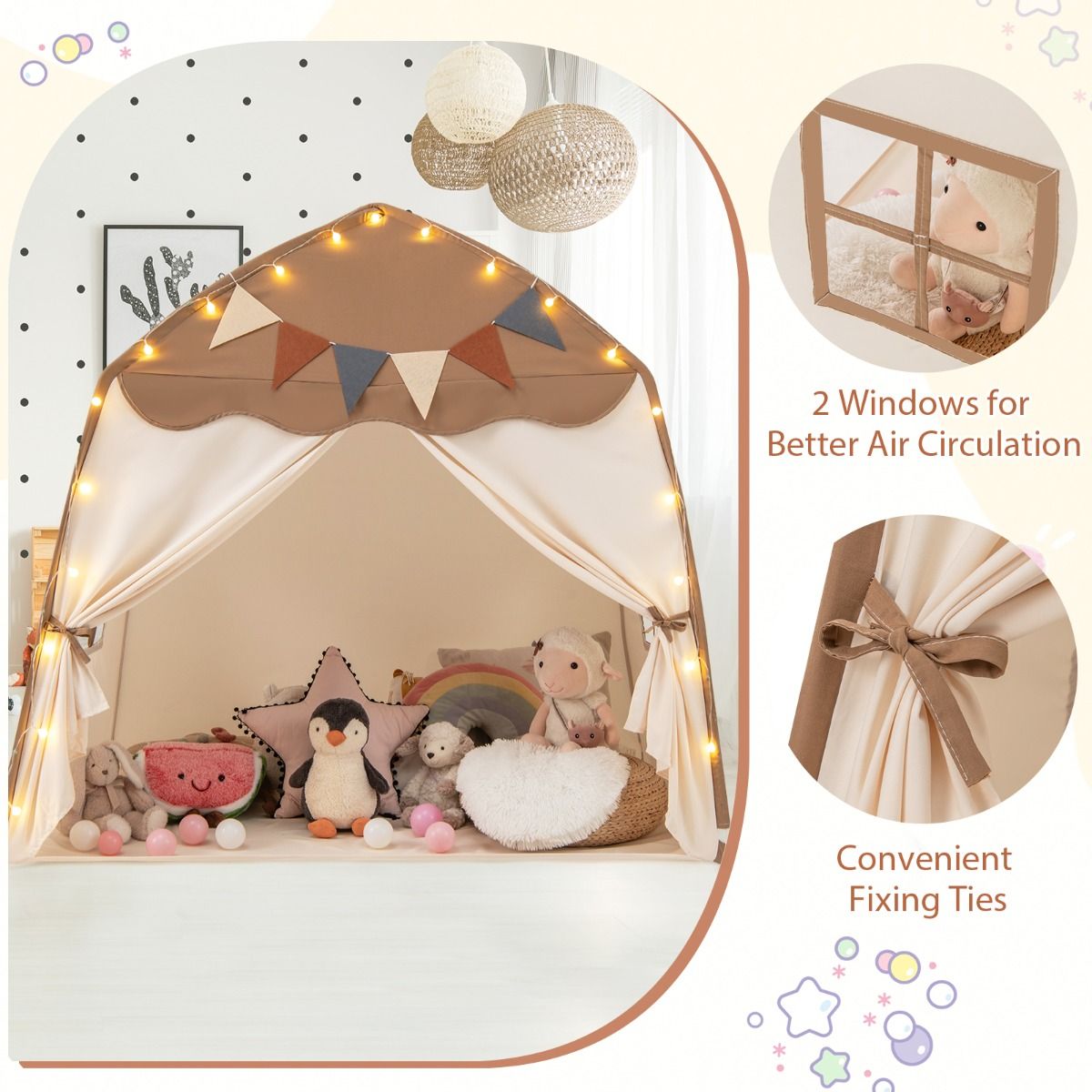 Coast Speeltent Kinderen 157 x 98 x 148 cm Beige/Bruin - Bedtent met Verlichting en Vlaggetjes voor Binnen en Buiten