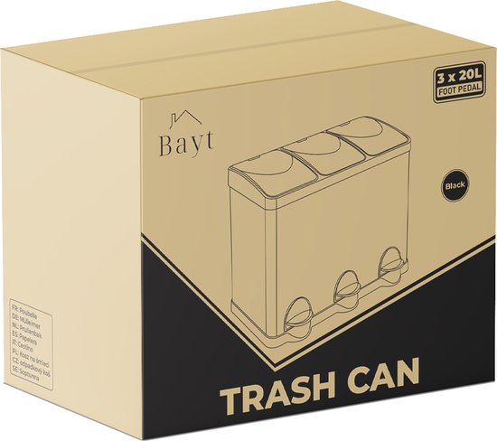 Bayt Prullenbak - Prullenbak 60 Liter - Vuilnisbak 60 liter - Pedaalemmer 60 Liter - Prullenbak 3 vakken - Prullenbak Afvalscheiding - 3x 20 liter - RVS - Zwart