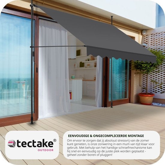 tectake - klemluifel - Zonnescherm – Zonneluifel - Verstelbaar - Klem-zonwering - Zonnescherm Balkon - 250 x 120 cm - zwartgrijs – zonwering - 404962