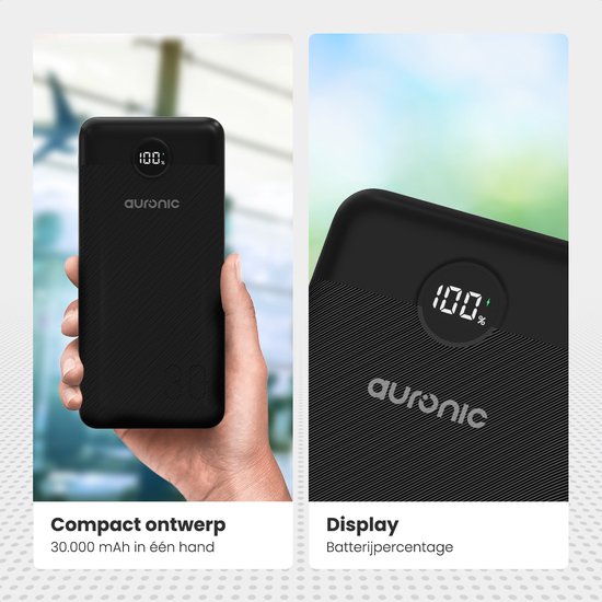Auronic Powerbank - Geschikt voor iPhone 12/13/14/15 en Samsung S21/S22/S23 - 30.000 mAh - 22.5W - 4 Oplaadpoorten - Snelladen via USB-A en USB-C - Zwart