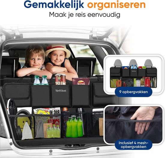 TenTravel Kofferbak Organizer - Auto Organizer Kofferbak - Autostoel Organizer - Waterproef en Krasbestendig - Met 9 Opbergvakken