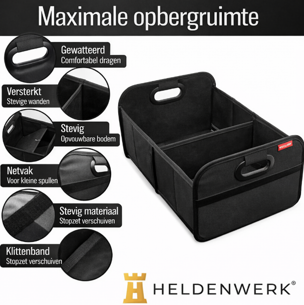 HELDENWERK kofferbaktas opvouwbaar en stabiel - kofferbakorganizer boodschappentas voor praktische opslag - autovouwdoos, kofferbakdoos (zwart)