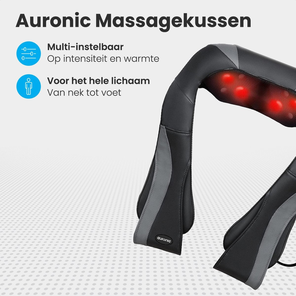 Auronic Shiatsu Massagekussen - Elektrisch Nekmassage Apparaat - Infrarood - Inclusief Draagtas - Zwart/Grijs