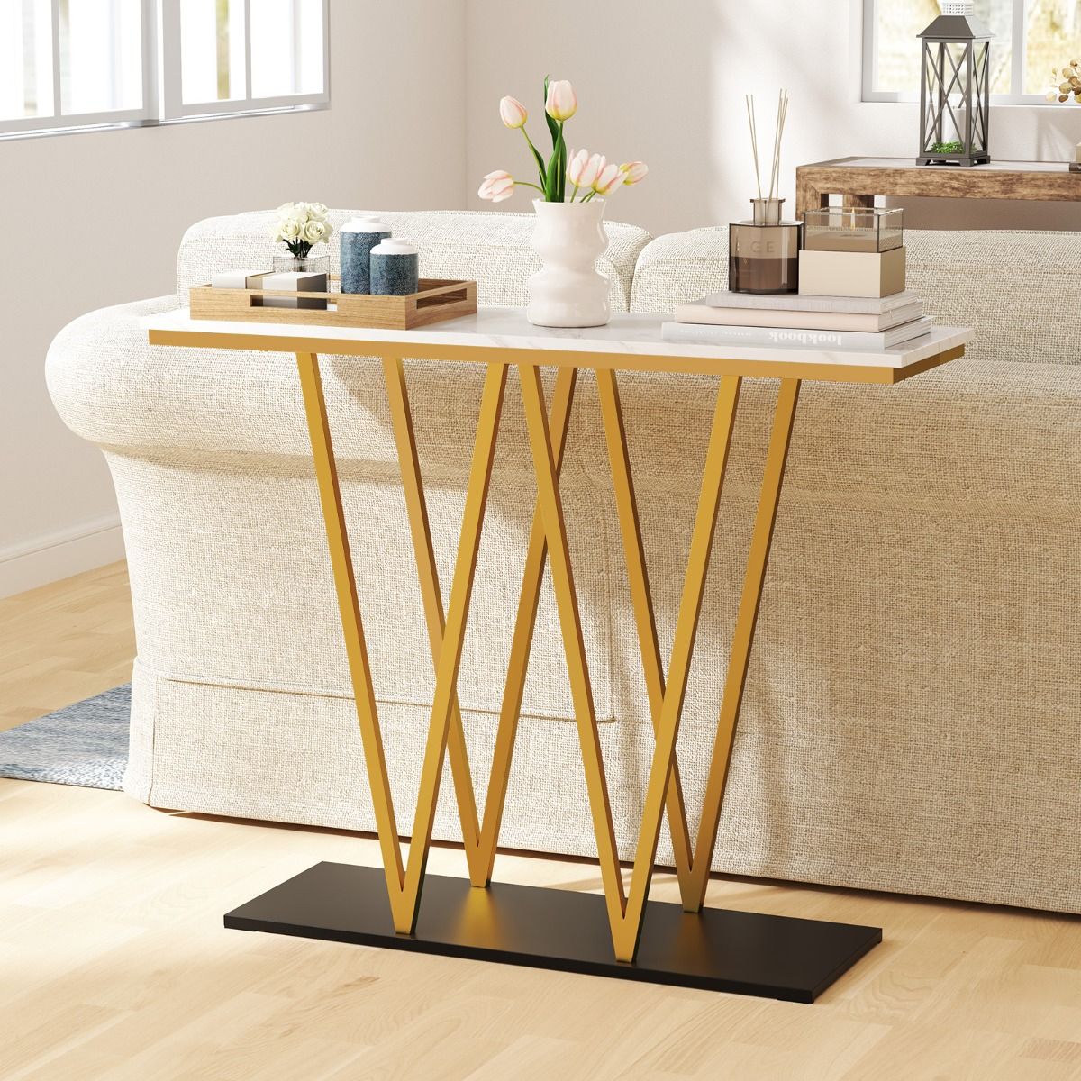 Coast Haltafel - 100 x 30 x 79 cm - Wit Goud - Moderne Consoletafel met Imitatiemarmer - Geometrisch Frame