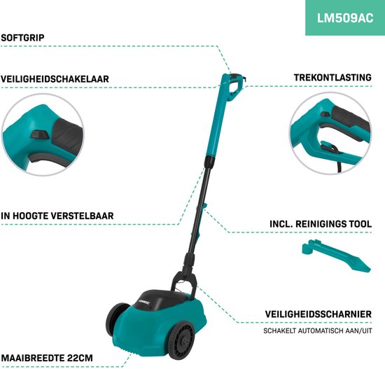 VONROC Mini Elektrische Grasmaaier – 350W – 22 cm – Maaien en mulchen in één - Drie instelbare maaihoogtes: 30mm, 40mm, 50mm – Incl. reinigingstool