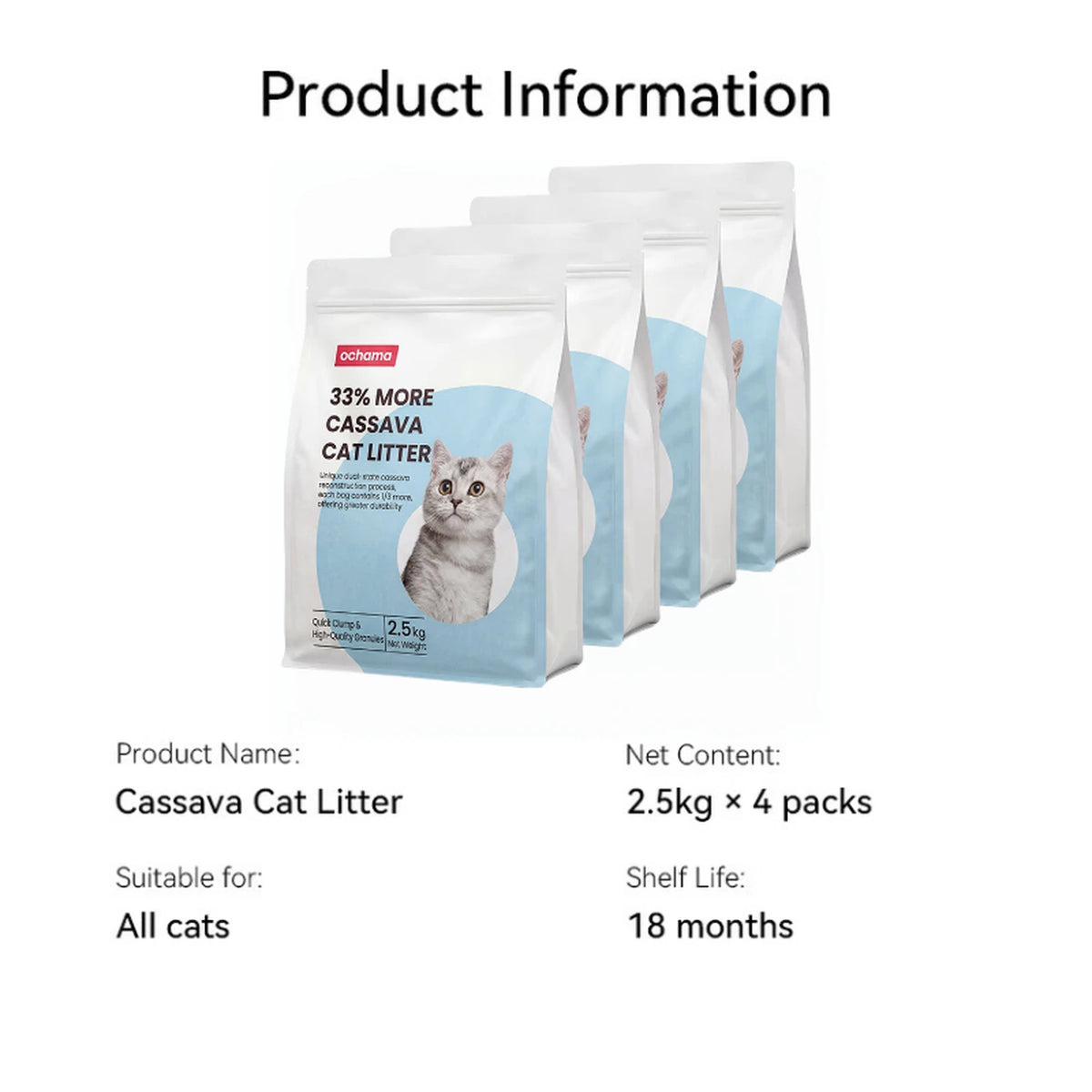 Ochama Tapioca Kattenbakvulling - Snelklonterend - Geurloos - 4 x 2,5 kg - 10 kg - Crèmewit