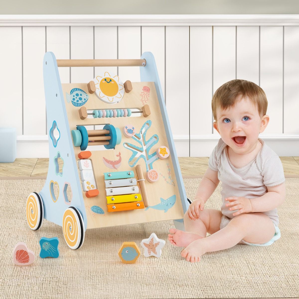 Coast Houten Baby Rollator Montessori Activiteitencentrum op Wielen – 8-in-1 Duw & Trek Speelgoed – Blauw – 35 x 33 x 48 cm