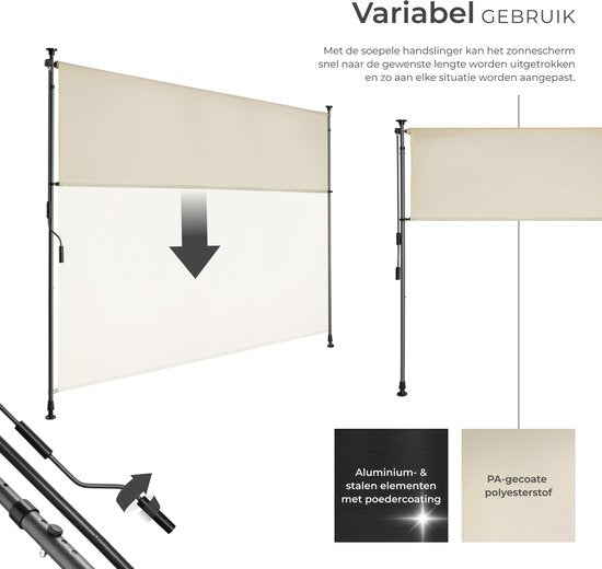 tectake® Klemluifel Taija met Handslinger - 200 x 310 cm - Zonwering - Verticaal Zonnescherm - Ondoorzichtig Rolgordijn Buiten - In Hoogte Verstelbare Luifel voor Terra en Tuin - Snel te Monteren Balkonscherm - Beige