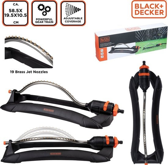 BLACK+DECKER Gazonsproeier - 19 Gaten - 58,5 x 19,5 x 10,5 CM - Zwenkende Tuinsproeier - Zwart/ Oranje