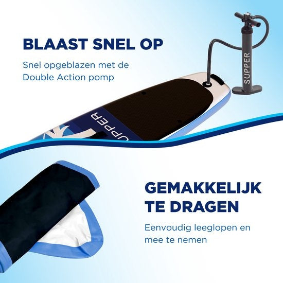 Supper Sup Board XL - Max. 180KG - Opblaasbaar – Verstelbare Peddel – Waterdicht Telefoonhoesje – Zitje – Pomp – Vin – Leash – Draagtas – 335 x 81 cm