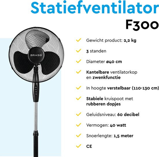BRASQ Statiefventilator – 40 cm – Zwart - In hoogte verstelbaar – 3 snelheden - 40 Watt