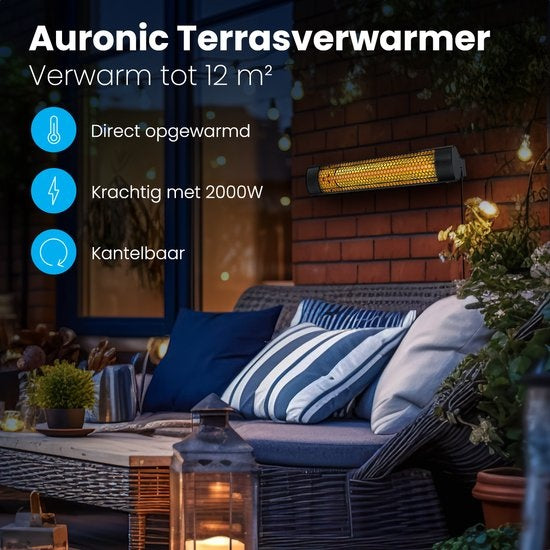 Auronic Terrasverwarmer - Infrarood - Heater - Elektrisch - 2000W - Zwart