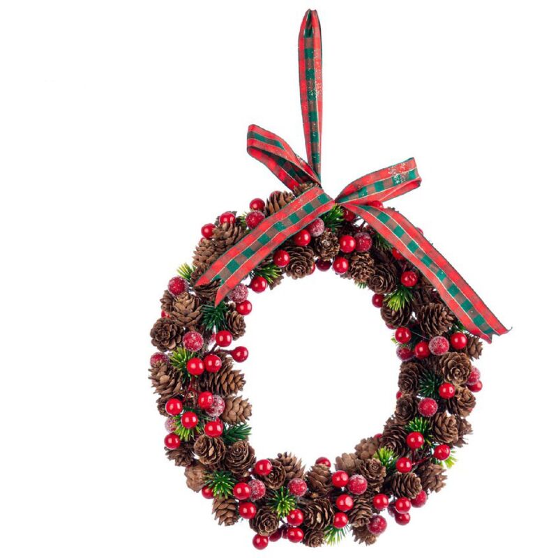 Bizzotto Ilmy Ronde Kerstkrans - Ø 30 cm - Rood/Bruin - Met Dennenappels en Ophanglint