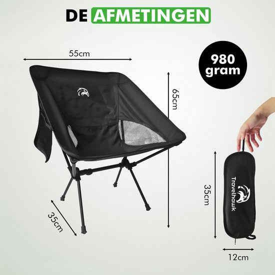 Travelhawk Campingstoel - Strandstoel - Strandstoel Opvouwbaar - Visstoel - Vouwstoel - Opvouwbaar - Inklapbaar - Lichtgewicht - Zwart
