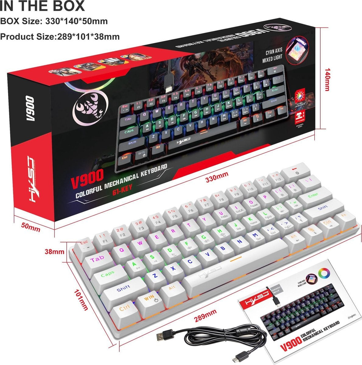 HXSJ V900 Bedrade Mechanisch Gaming Toetsenbord - RGB Verlichting - QWERTY - 61 Keys - Blue Switch - Wit