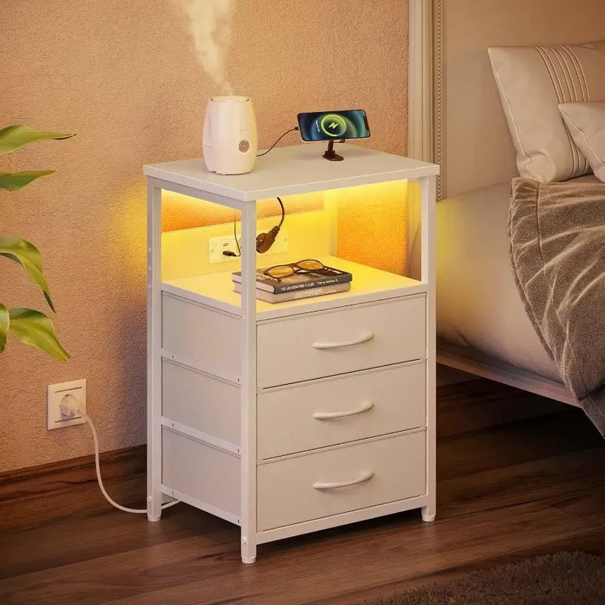 Seventable Bijzettafel met Stof Lades - Ingebouwd Stopcontact en Verlichting - Mat Wit