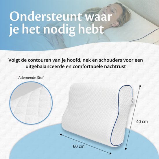 Ella Wave-Hard Orthopedisch Hoofdkussen voor Rug en Zijslaper - Ergonomisch Neksteun Kussen van Traagschuim - Slaapkussen Nekklachten 60 x 40 cm - Wit