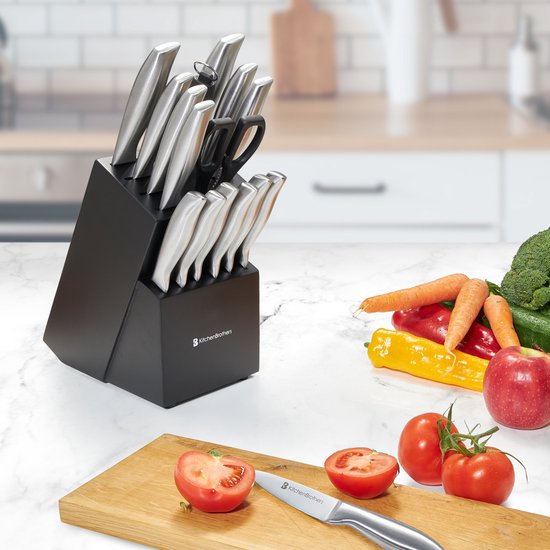 KitchenBrothers Messenset - Messenblok - 16-Delig - met Schaar en Aanzetstaal - Zilver/ RVS