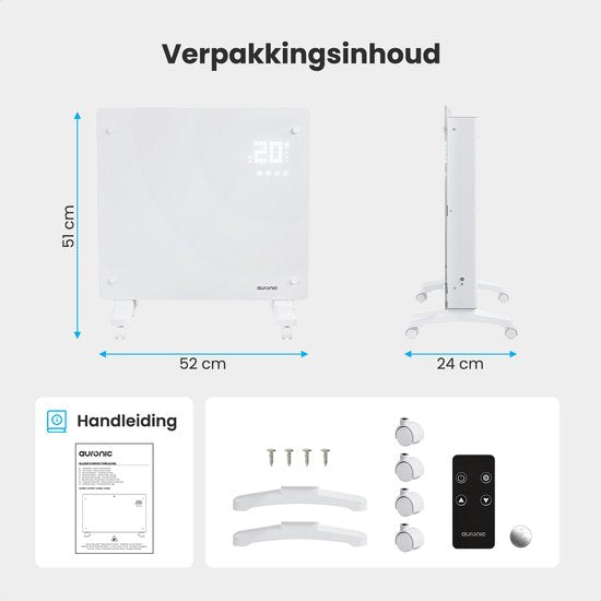 Auronic Elektrische Kachel – Convectorkachel met Thermostaat en Afstandsbediening - Glazen Paneelverwarming - 1000W Heater - Wit