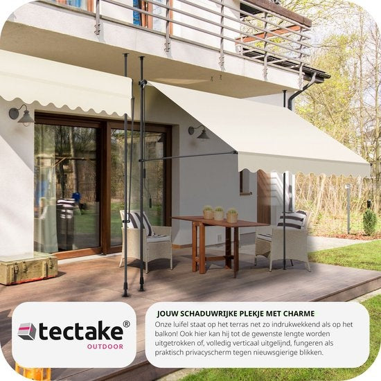 tectake - klemluifel - Zonnescherm – Zonneluifel - Verstelbaar - Klem-zonwering - Zonnescherm Balkon - 250 x 180 cm - beige – zonwering - 404960