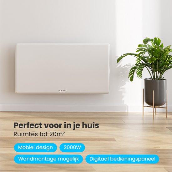 Auronic Convectorkachel - 2000W - Elektrische Kachel - 3 Standen - Metalen Paneelverwarming - Vrijstaand - Wielen - Wit