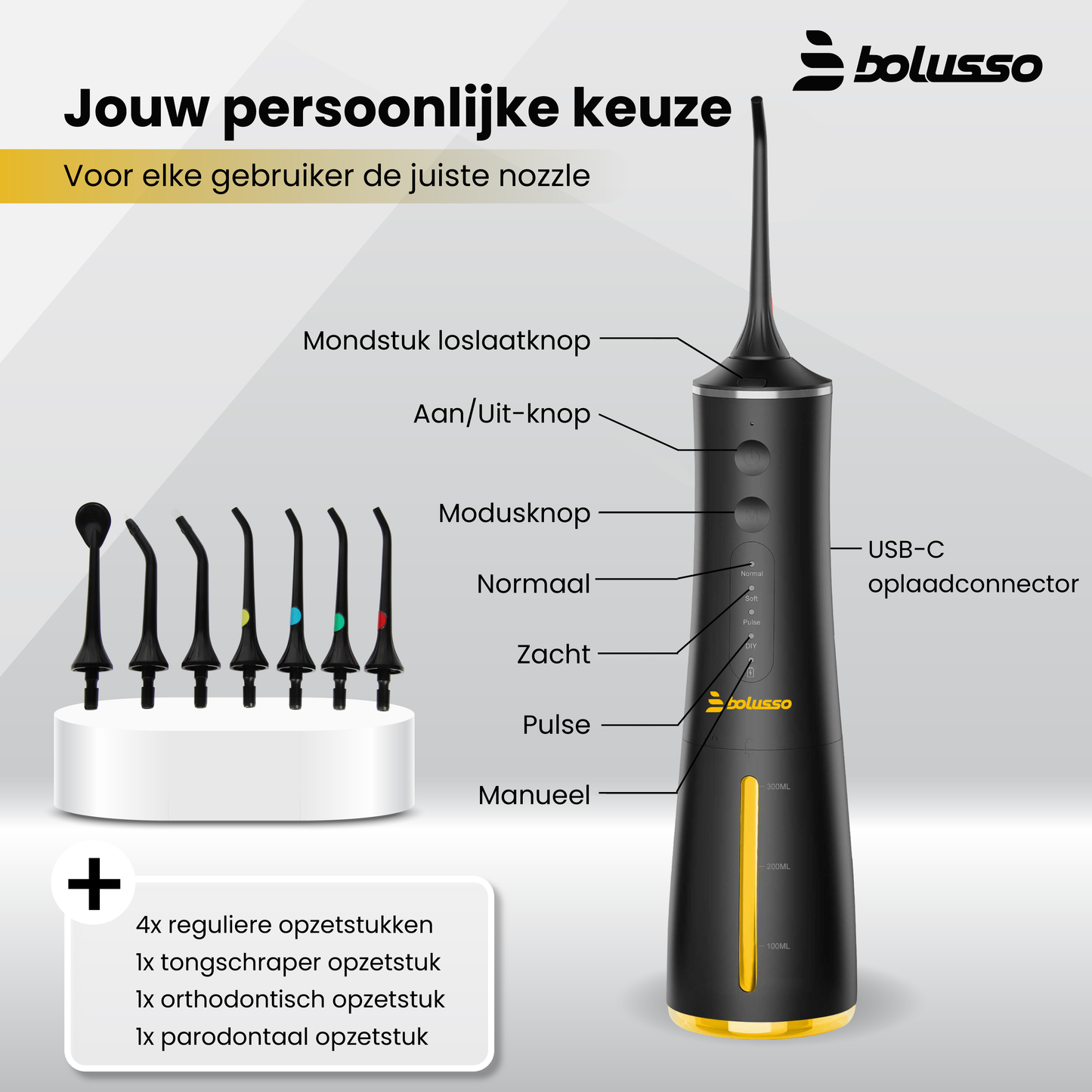 Bolusso Waterflosser - Inclusief 7 Opzetstukken - Reistas - E-book - Volledig instelbaar - Monddouche - Tongreiniger - Mondverzorging - Tandplak Verwijderaar - Beugel Schoonmaken - Tandsteenverwijderaar - Flosapparaat - NIEUW model