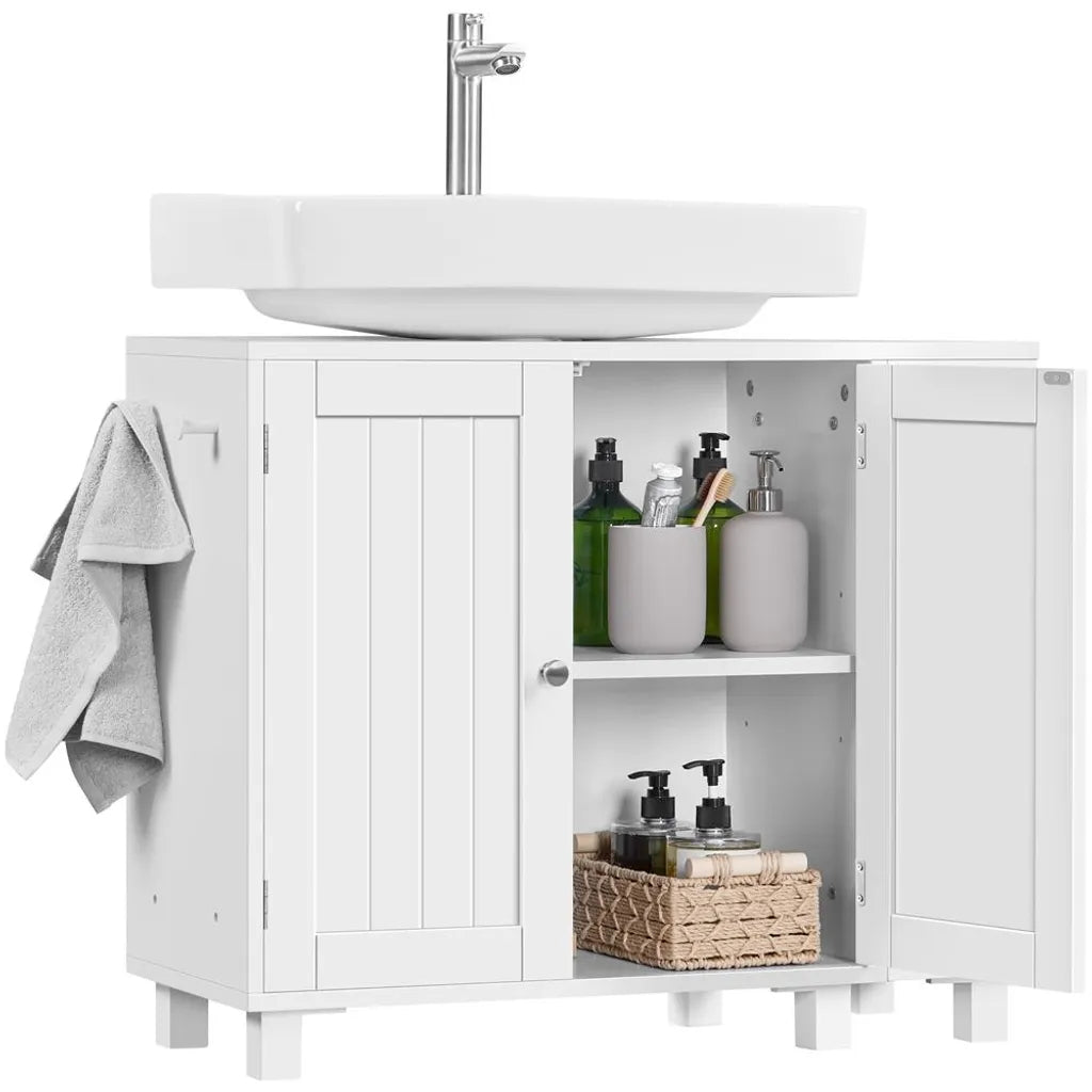 Yaheetech Wastafelonderkast 75 x 30 x 62 cm – Wit – Met 4 Vakken, Open Planken en Handdoekhouder