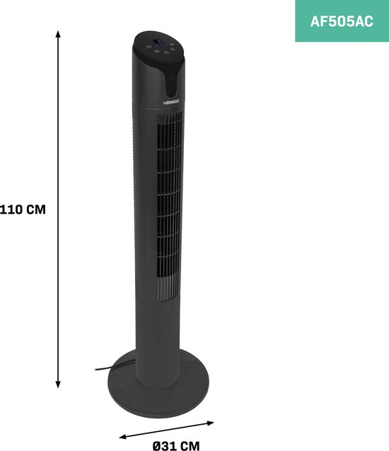 VONROC Luxe Ventilator - Torenventilator – hoogte 110 cm – Incl. afstandsbediening - 3 snelheden – zwenkfunctie - 15 uurs timer - zwart