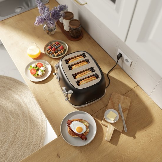 KitchenBrothers Retro Broodrooster - Toaster - 6 Warmteniveaus - 4 Extra Brede Sleuven - 815W - Zwart