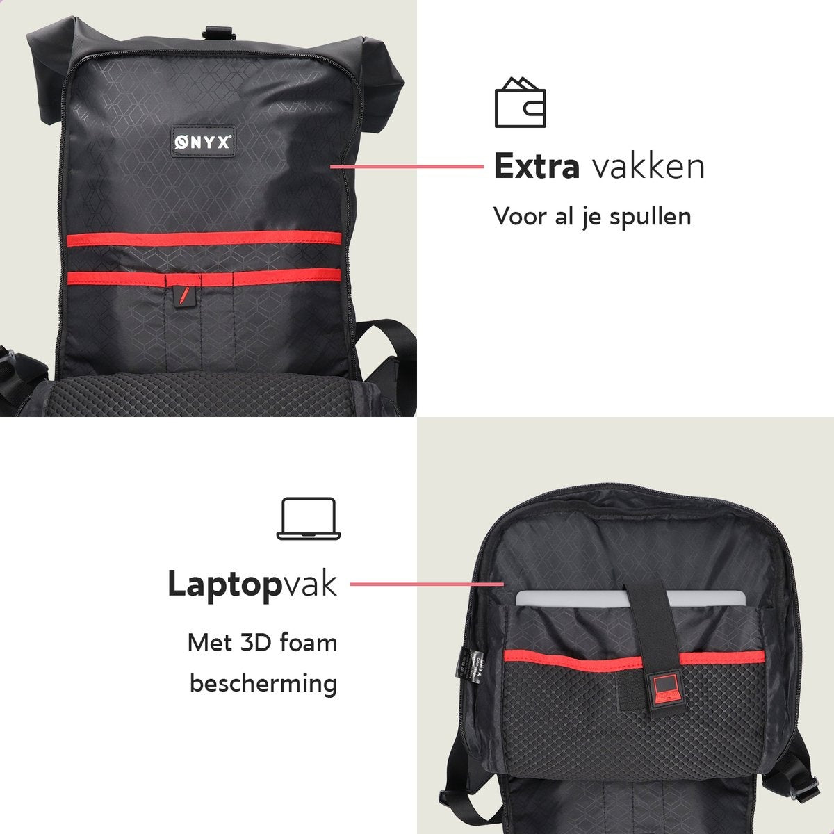 ONYX Rolltop Rugzak 25 tot 40 L - Met Laptopvak - Verstelbare Rugtas - Reistas - Waterbestendig en Duurzaam - Zwart