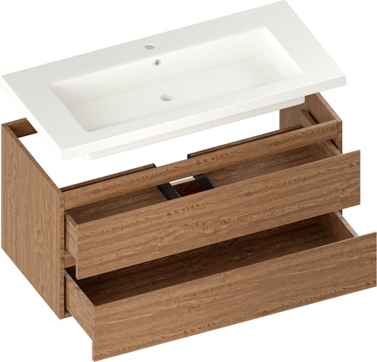 Mirlux Badkamermeubel Warm Eiken 100 cm - Wastafel Wit - Badmeubel set - Wastafelmeubel Warm Eiken