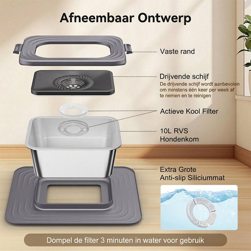 Blinkit 210-1 roestvrijstalen drijvende drinkbak / basis hondenbak, vierkant ontwerp met grote capaciteit, antispatwaterstructuur + grote antislipmat, geschikt voor honden en katten om te drinken, grijs