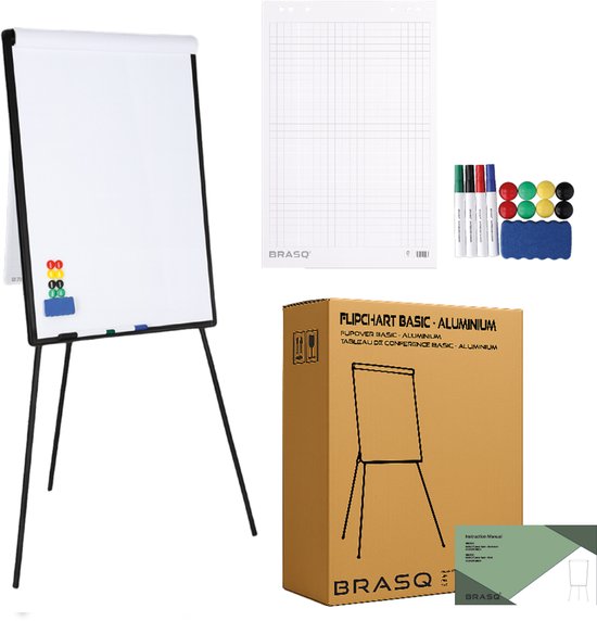 BRASQ Flipover - 70x100 cm - Verstelbaar Whiteboard - Inclusief 25 vellen papier, 4 Stiften, 8 Magneten, Wisser - Magnetisch bord met Haken - Magneetbord - Zwart