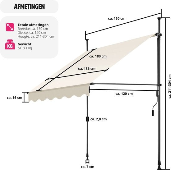 tectake - klemluifel - Zonnescherm – Zonneluifel - Verstelbaar - Klem-zonwering - Zonnescherm Balkon - 150 x 180 cm - beige - zonwering - 404954