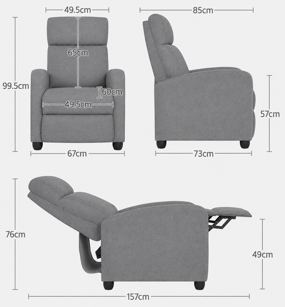 Yaheetech Relaxstoel Verstelbaar - Grijs - Linnen TV Fauteuil met Voetensteun en Ligfunctie