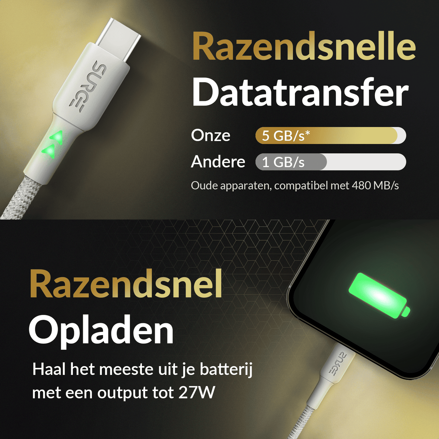 Surge USB-C naar Lightning Oplaadkabel - 2 Meter - Wit - 27W