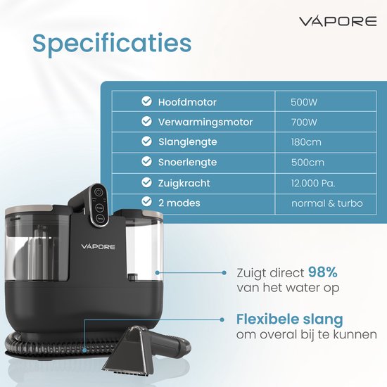 Vapore Tapijtreiniger - Draagbare Vlekkenreiniger - 1200W - Tapijtreiniger Machine - Bank Reinigen Machine - Meubelreiniger - Stoomreiniger voor Bank - Met Zuigvermogen - Zetelreiniger - Bank Reiniger - Apparaat - Zwart