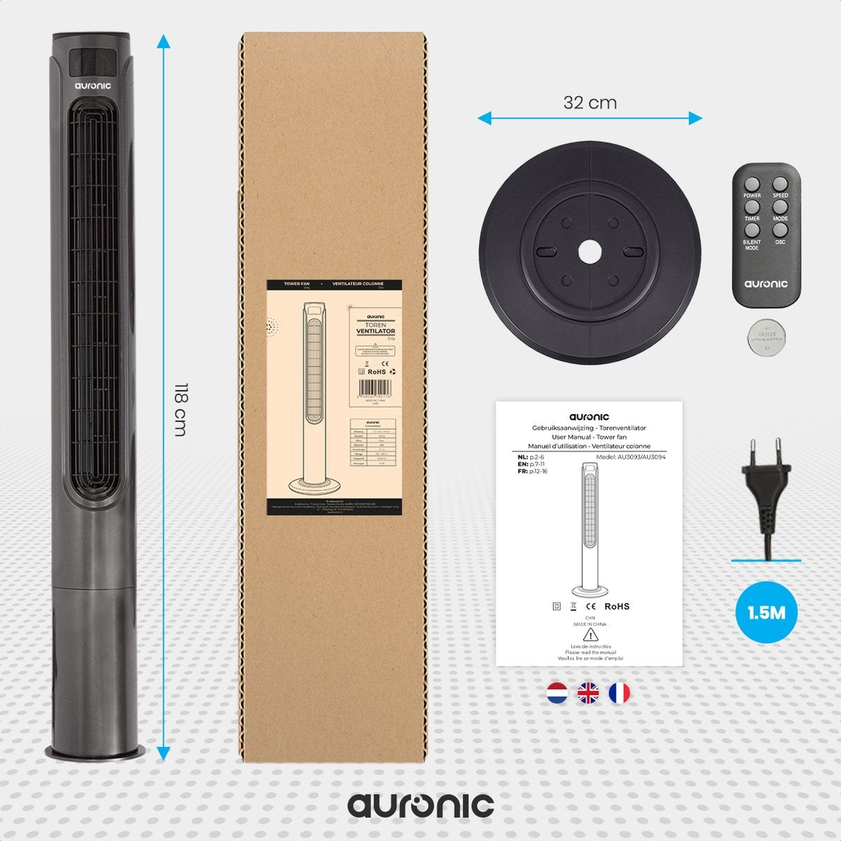 Auronic Torenventilator - Staande Ventilator met Afstandbediening - Timer - 55W - 45dB - 118cm - Donkergrijs