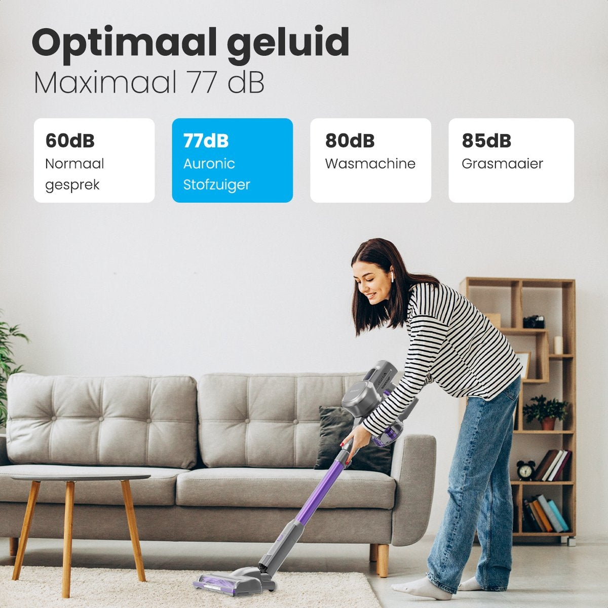 Auronic Steelstofzuiger - Zelfstaande Draadloze Steelstofzuiger - Zonder Zak - 220W - Vacuum Cleaner - Grijs/Paars