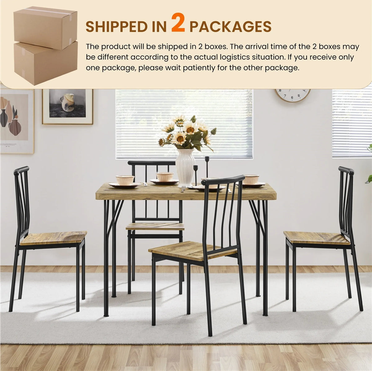 Yaheetech 5-delige eethoek voor 4 personen - Tafel met 4 stoelen - 110 x 70 x 76,5 cm - Bruin